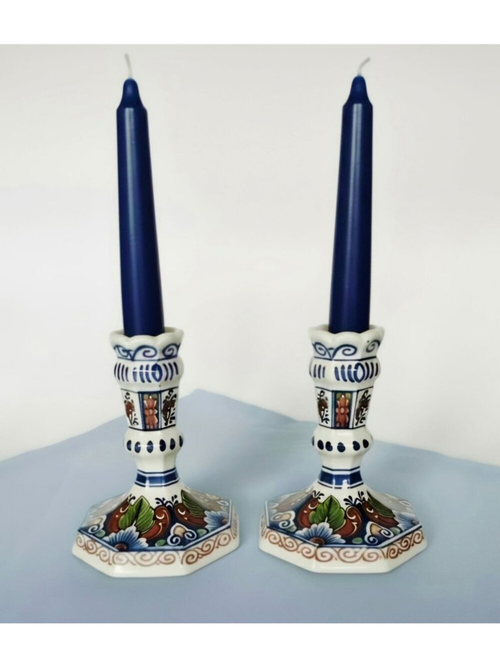 Hand-Painted Delft Holland Candlestick Holders Octagonal Floral Design 5" Tall